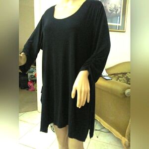 SUPER COMFY TOP LOOSE Black Tunic Top BY ZEN KNITS SZ. XXL RUCH SLV. SIDE PKTS.